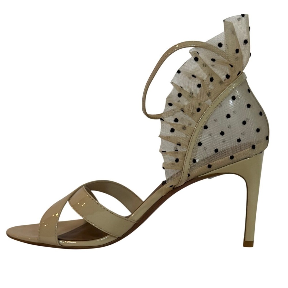 BCBGMAXAZRIA Beige Patent Polka Dot Mesh Ruffle Ankle Strap Heels Size 7 NEW